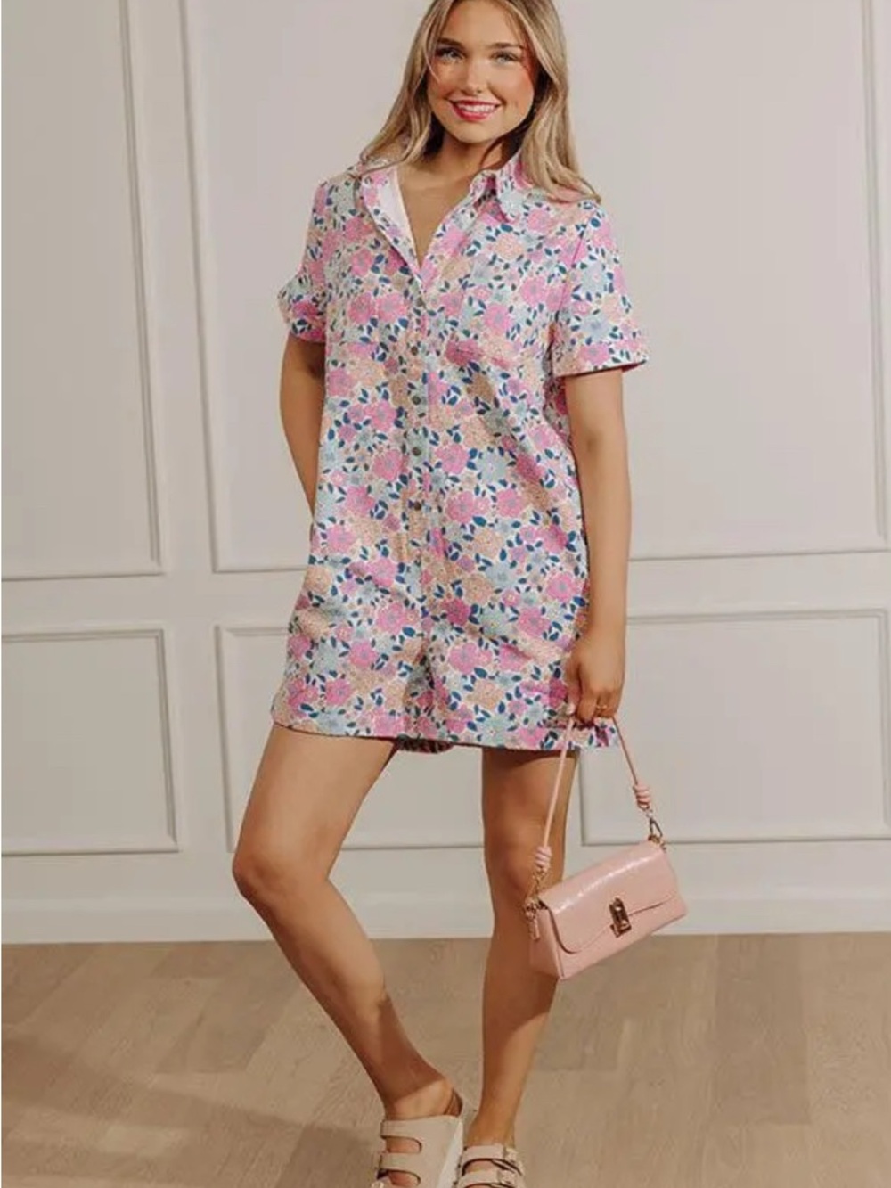Storia Pastel Floral Print Jean Jumpsuit Romper Shorts - Pink & Blue S